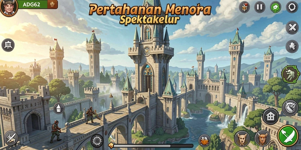 Screenshot gameplay ADG62 menampilkan menara pertahanan yang strategis.