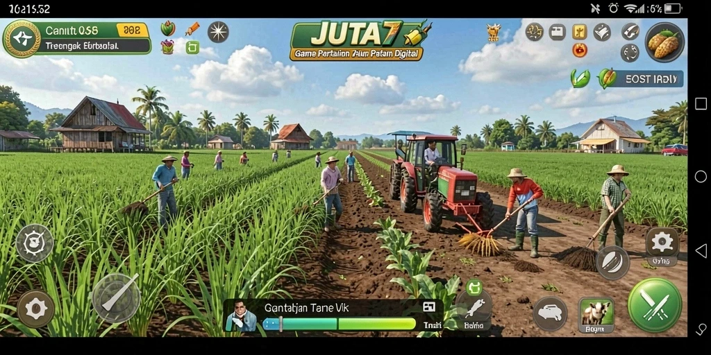 Gameplay menarik dari JUTA7 dengan lahan pertanian yang subur dan hewan ternak.