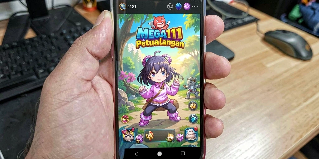 Tampilan gameplay MEGA111 dengan karakter anime aksi yang mencolok.