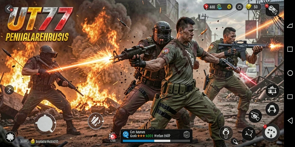 Screenshot gameplay UT77 menampilkan pertarungan seru di arena.